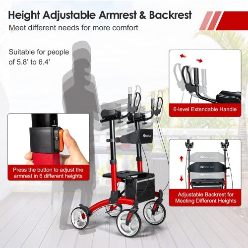 Goplus Folding Rollator Walker w/Large Seat 10" & 8" Wheel Supports 300 lbs