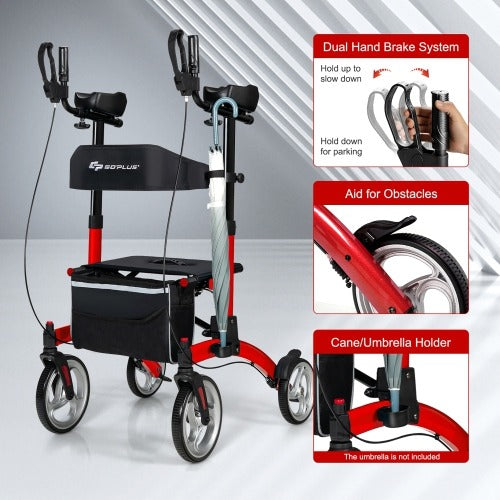 Goplus Folding Rollator Walker w/Large Seat 10" & 8" Wheel Supports 300 lbs