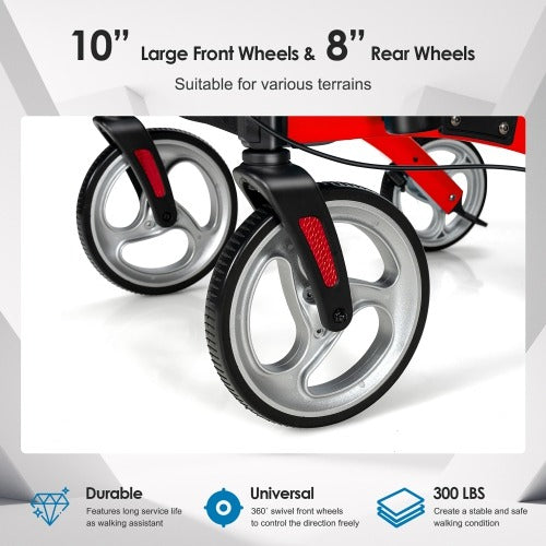 Goplus Folding Rollator Walker w/Large Seat 10" & 8" Wheel Supports 300 lbs