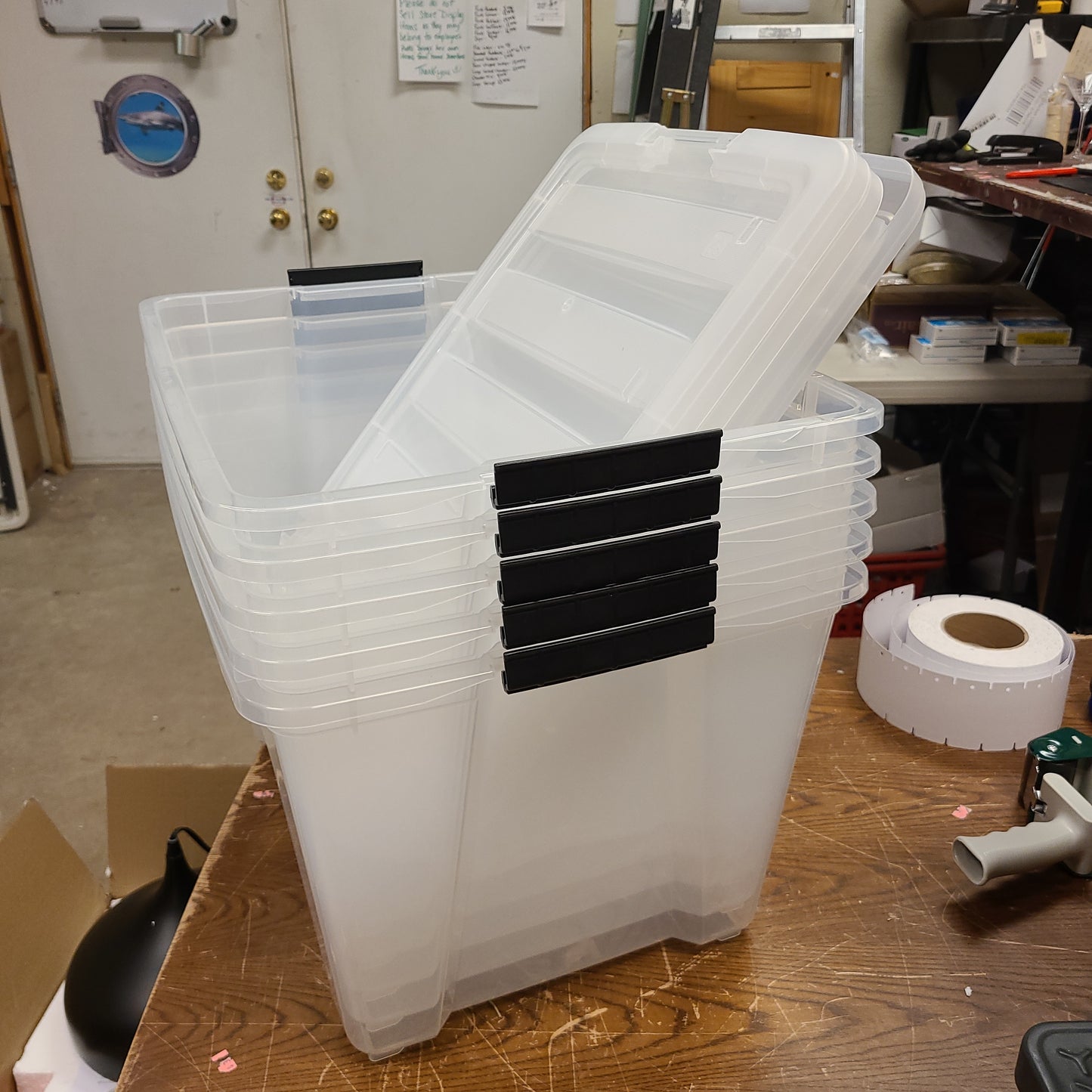 5 PLASTIC STORAGE BINS *SCRATCH & DENT