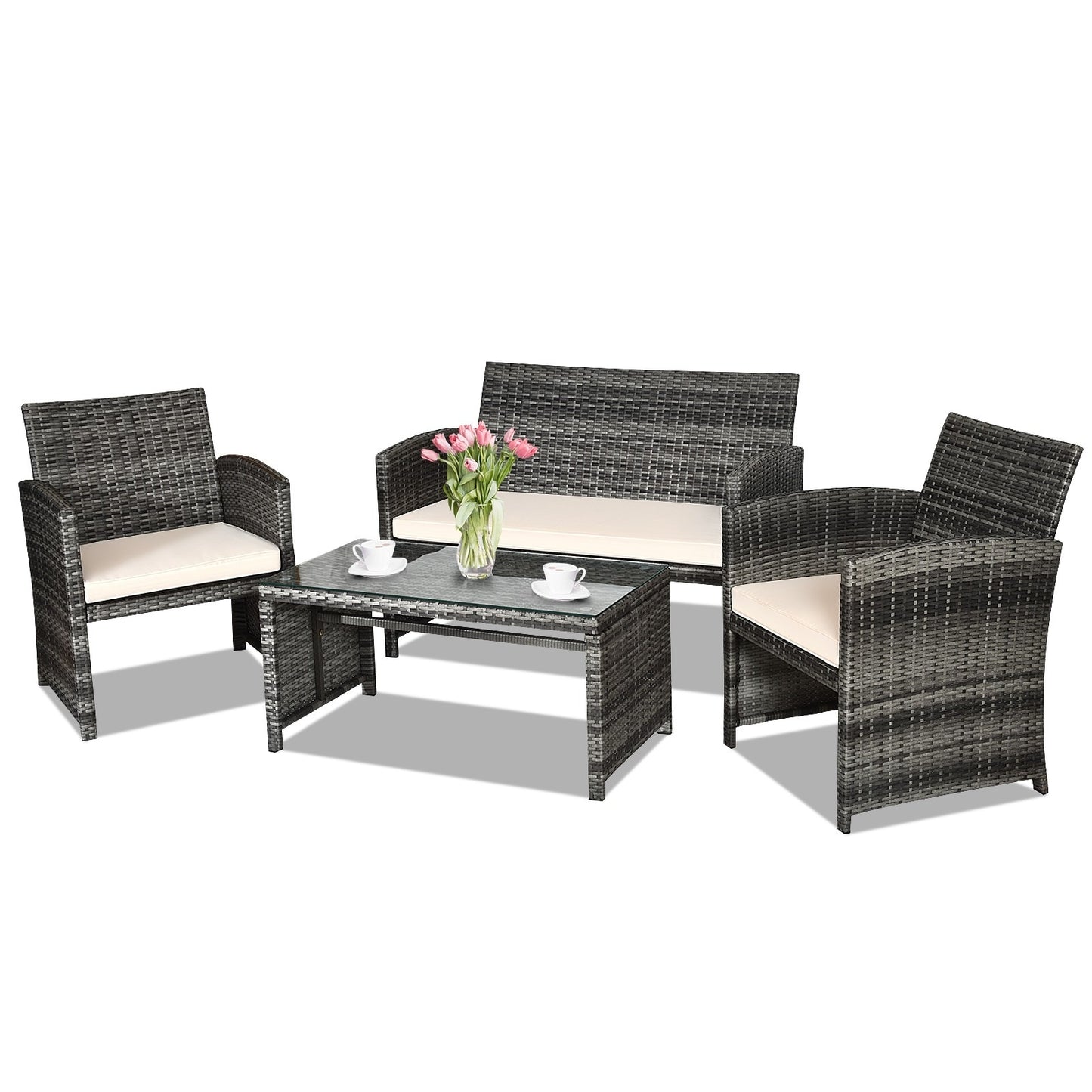 Lark Manor 4pcs Patio Outdoor Rattan Furniture Set Chair Loveseat Table Cushioned *UNASSEMBLED/IN BOX* - WHITE