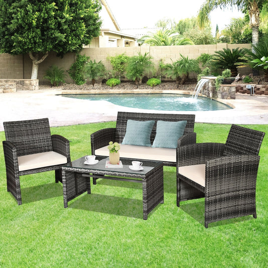 Lark Manor 4pcs Patio Outdoor Rattan Furniture Set Chair Loveseat Table Cushioned *UNASSEMBLED/IN BOX* - WHITE