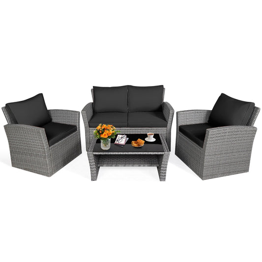 4 Pieces Patio Rattan Furniture Set Sofa Table with Storage Shelf Cushion *UNASSEMBLED, Reg $927.99/IN BOXES(2)* - HW67841ADK