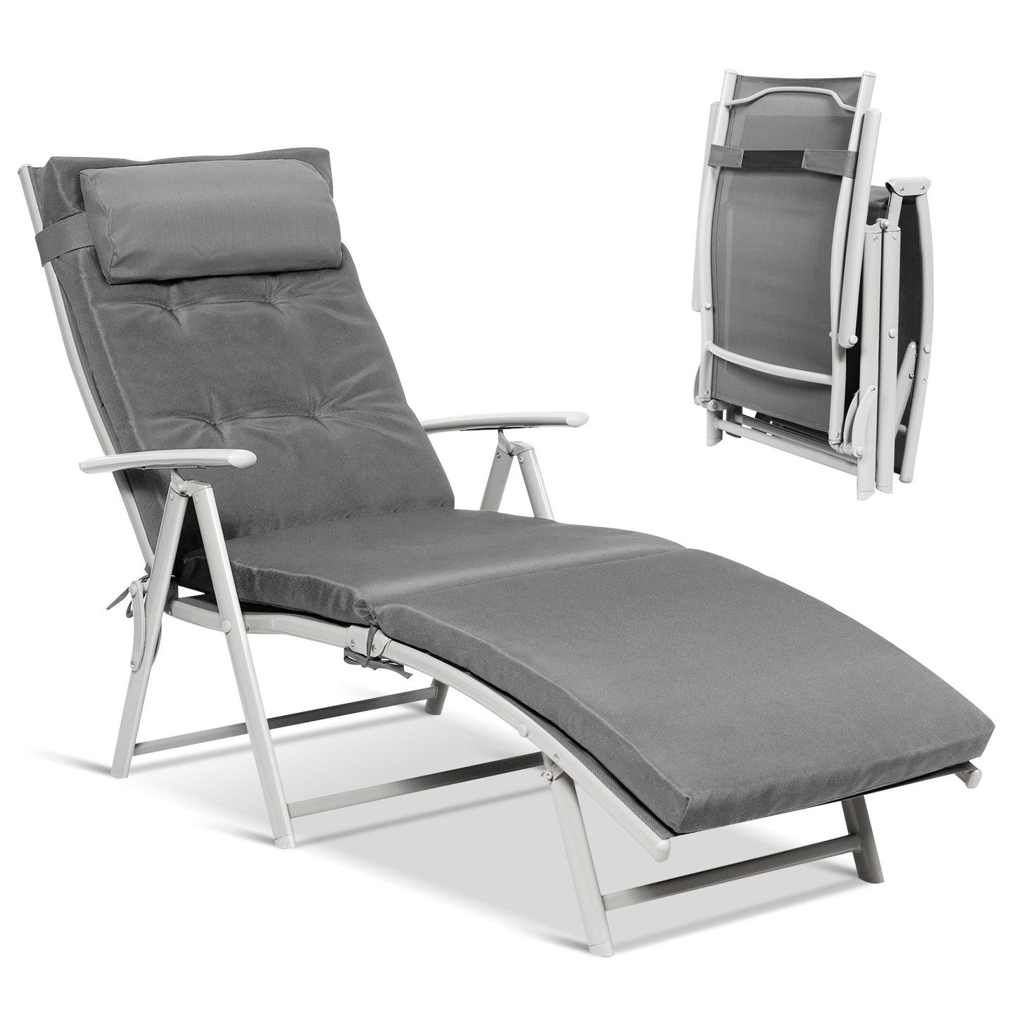 Outdoor Lightweight Folding Chaise Lounge Chair with cushion, grey - HW64243GR