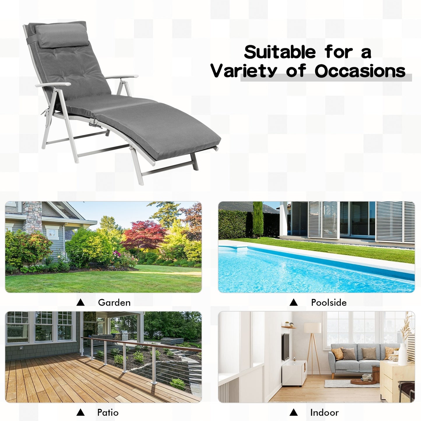 Outdoor Lightweight Folding Chaise Lounge Chair with cushion, grey - HW64243GR