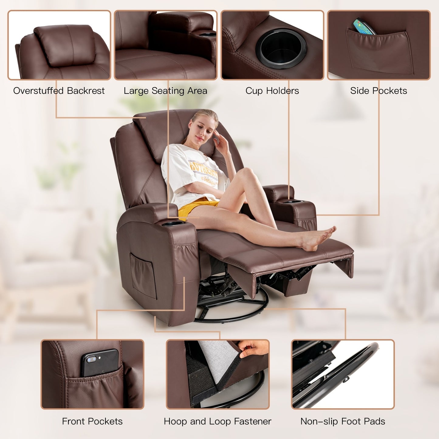 Massage Recliner Chair with Heat &  Vibration Massage, dark brown