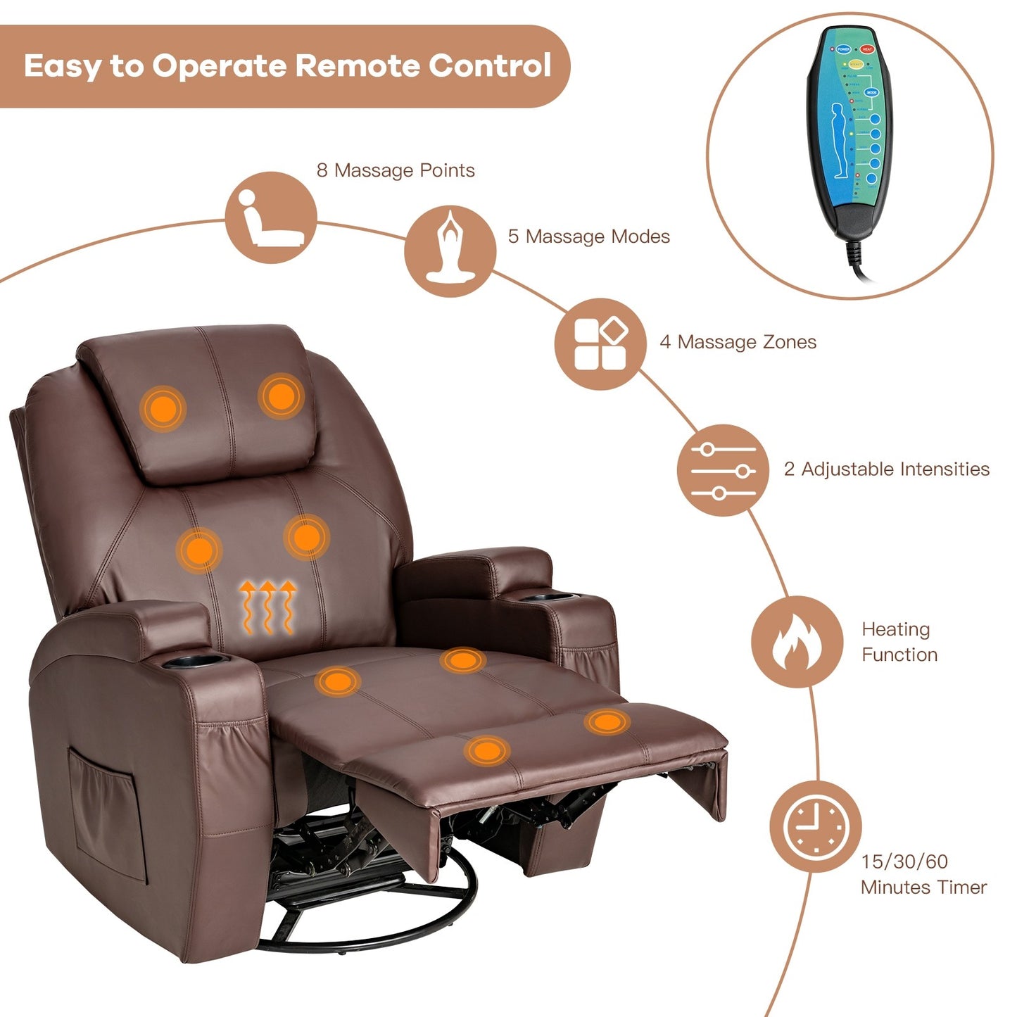 Massage Recliner Chair with Heat &  Vibration Massage, dark brown