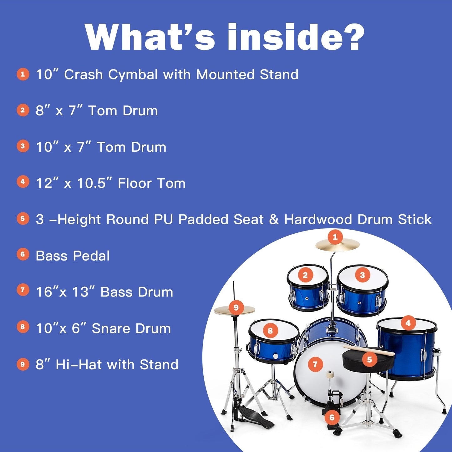 5 Pieces Complete Kids Junior Drum Set *UNASSEMBLED/IN BOX*