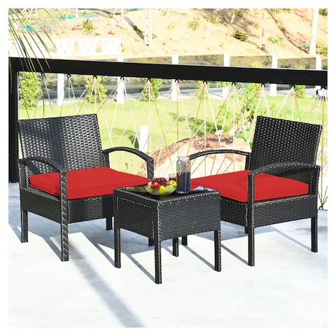 3PC Patio Rattan Furniture Set Table Conversation Sofa Cushioned Red, In Box, Unassembled