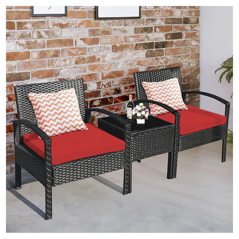 3PC Patio Rattan Furniture Set Table Conversation Sofa Cushioned Red, In Box, Unassembled