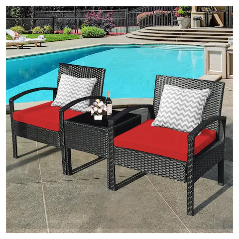 3PC Patio Rattan Furniture Set Table Conversation Sofa Cushioned Red, In Box, Unassembled