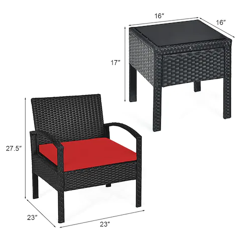 3PC Patio Rattan Furniture Set Table Conversation Sofa Cushioned Red, In Box, Unassembled