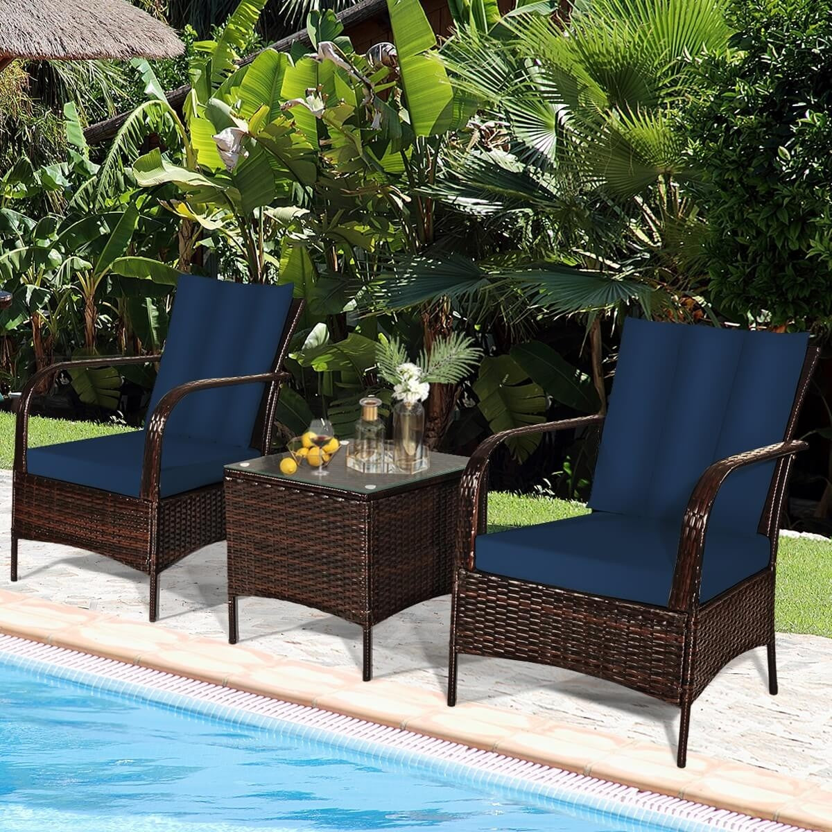 3 Pcs Patio Conversation Rattan Furniture Set with Navy Cushions, Unassembled