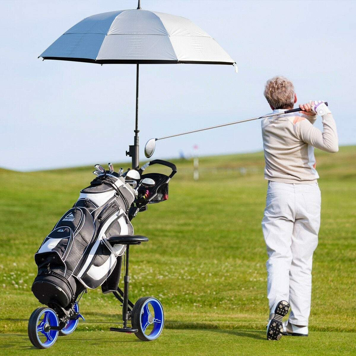 Foldable 3 Wheels Push Pull Golf Trolley with Scoreboard Bag, In box unassembled
