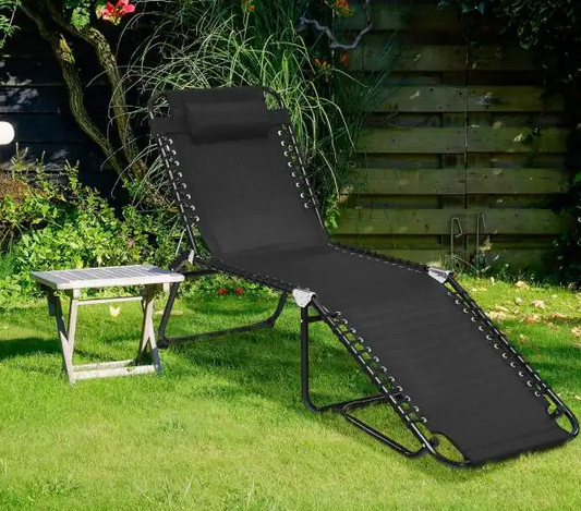 Folding Beach Lounge Chair Heightening Design Patio Lounger w/ Pillow