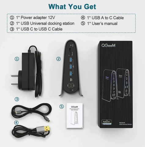 USB C Docking Station with video, ethernet, By QGeem 4K