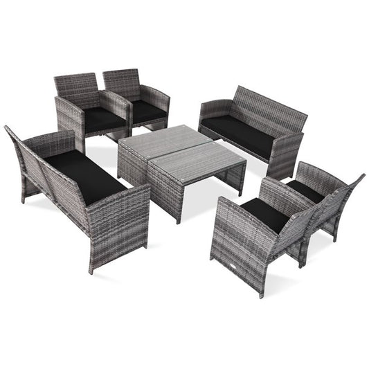 8PCS Patio Rattan Furniture Set Conversation Glass Table Top Sofa Cushioned, 1 box unassembled