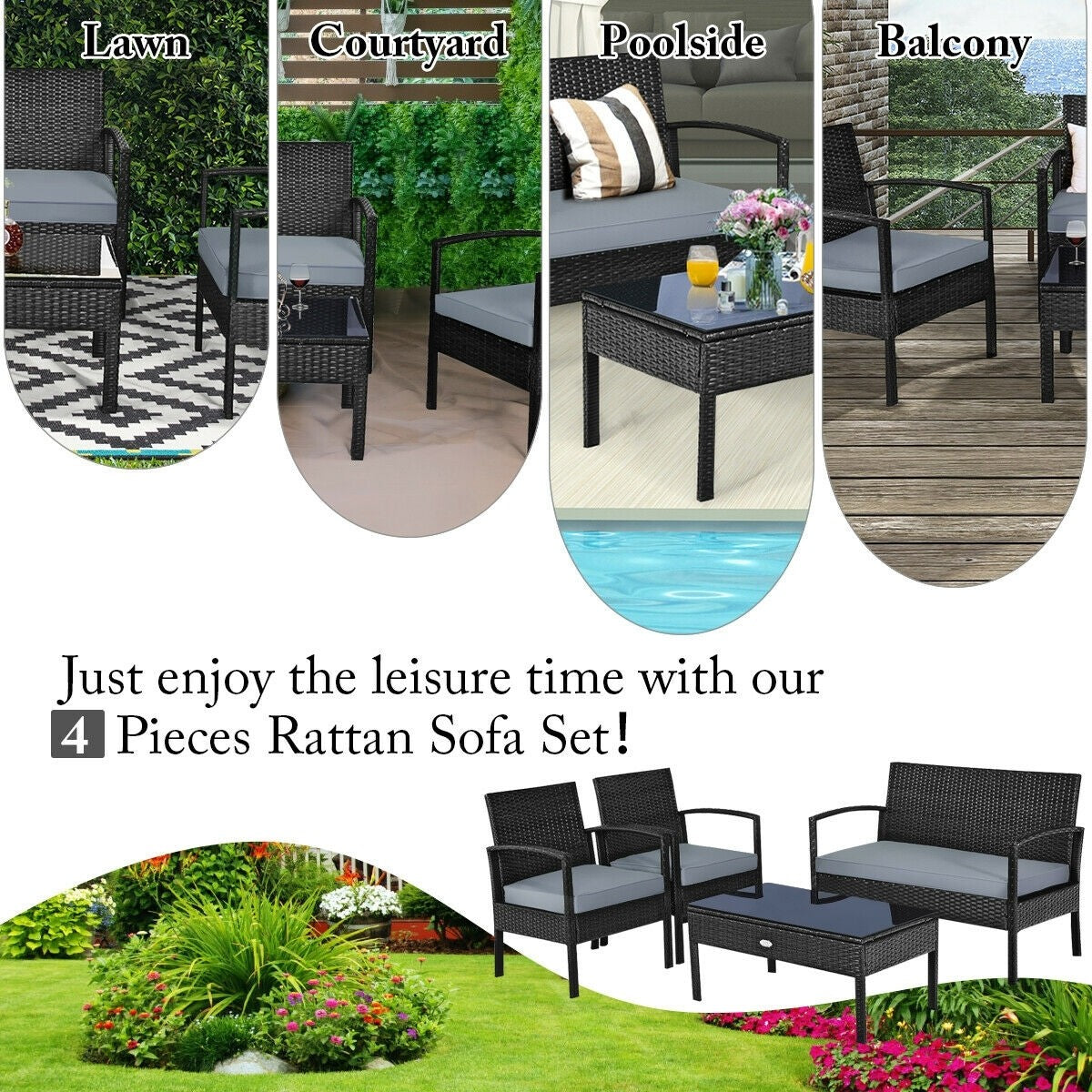 4PCS PE Rattan Wicker Furniture Sets Chairs Coffee Table, assembled