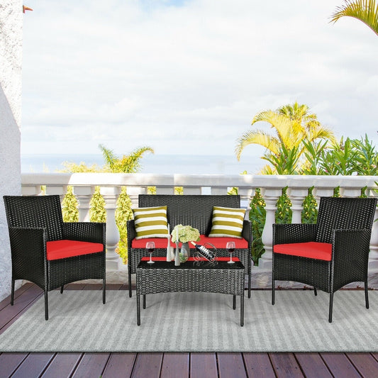 4 Pcs Patio Rattan Cushioned Sofa Set with Tempered Glass Coffee Table *UNASSEMBLED/IN BOX* - HW65357RE