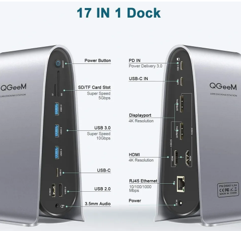 USB C Docking Station with video, ethernet, By QGeem 4K