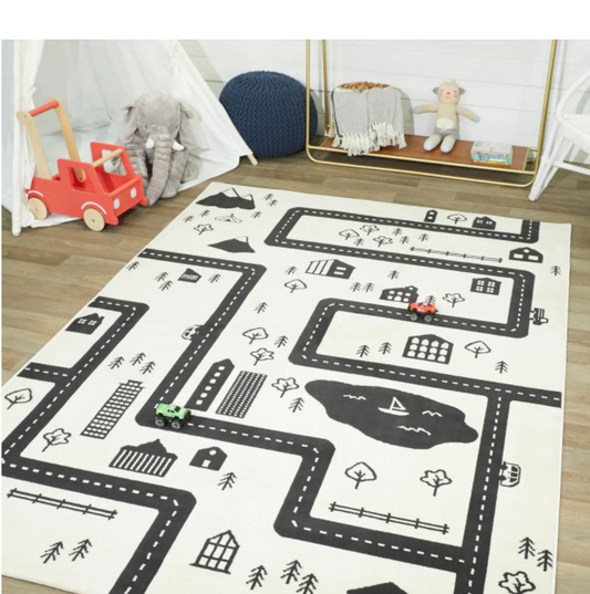 Urban Adventure Road Ivory/Black Area Rug - Round 5'7''