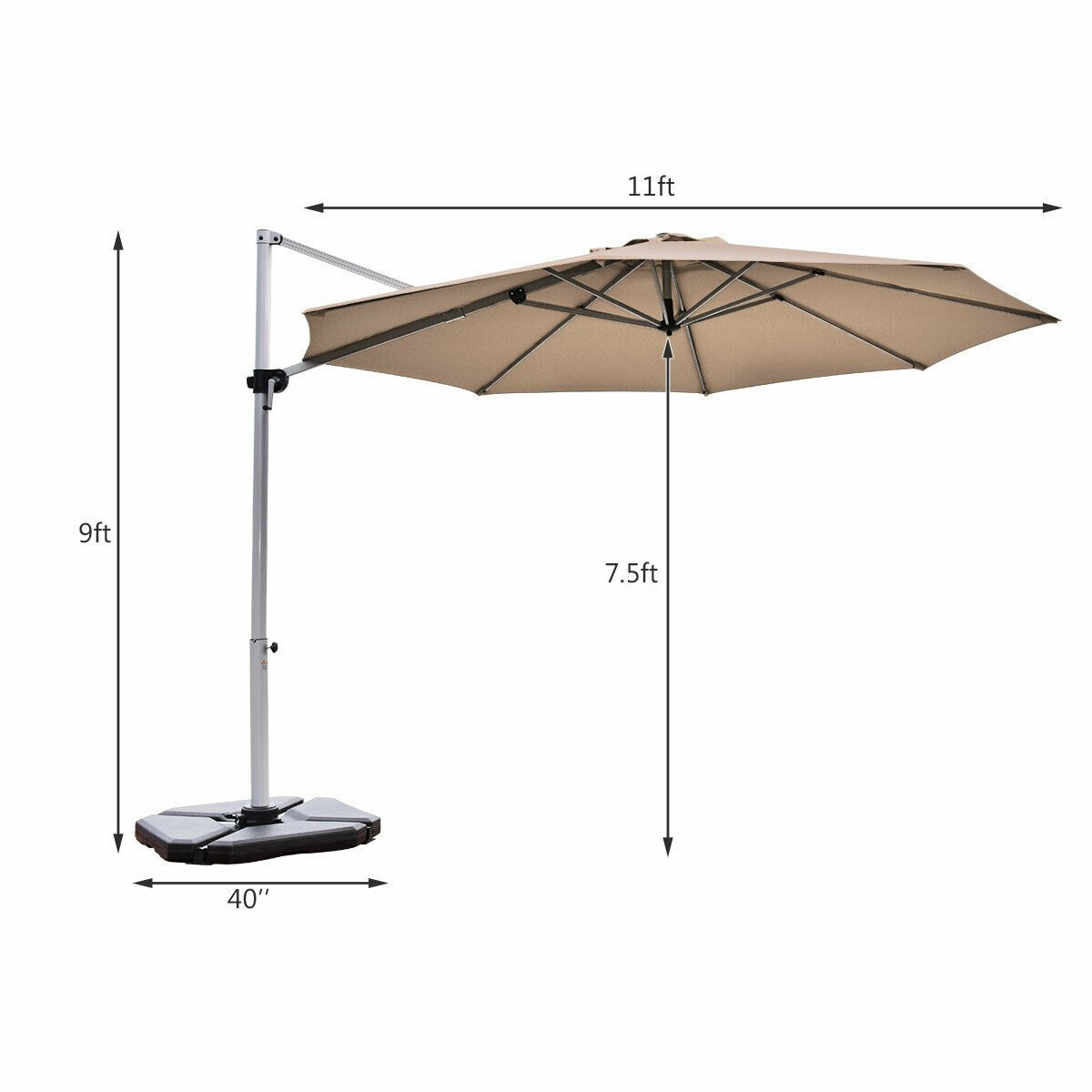 11' Patio Offset Cantilever Umbrella 360° Rotation Aluminum Tilt, base weights not included, in box unassembled