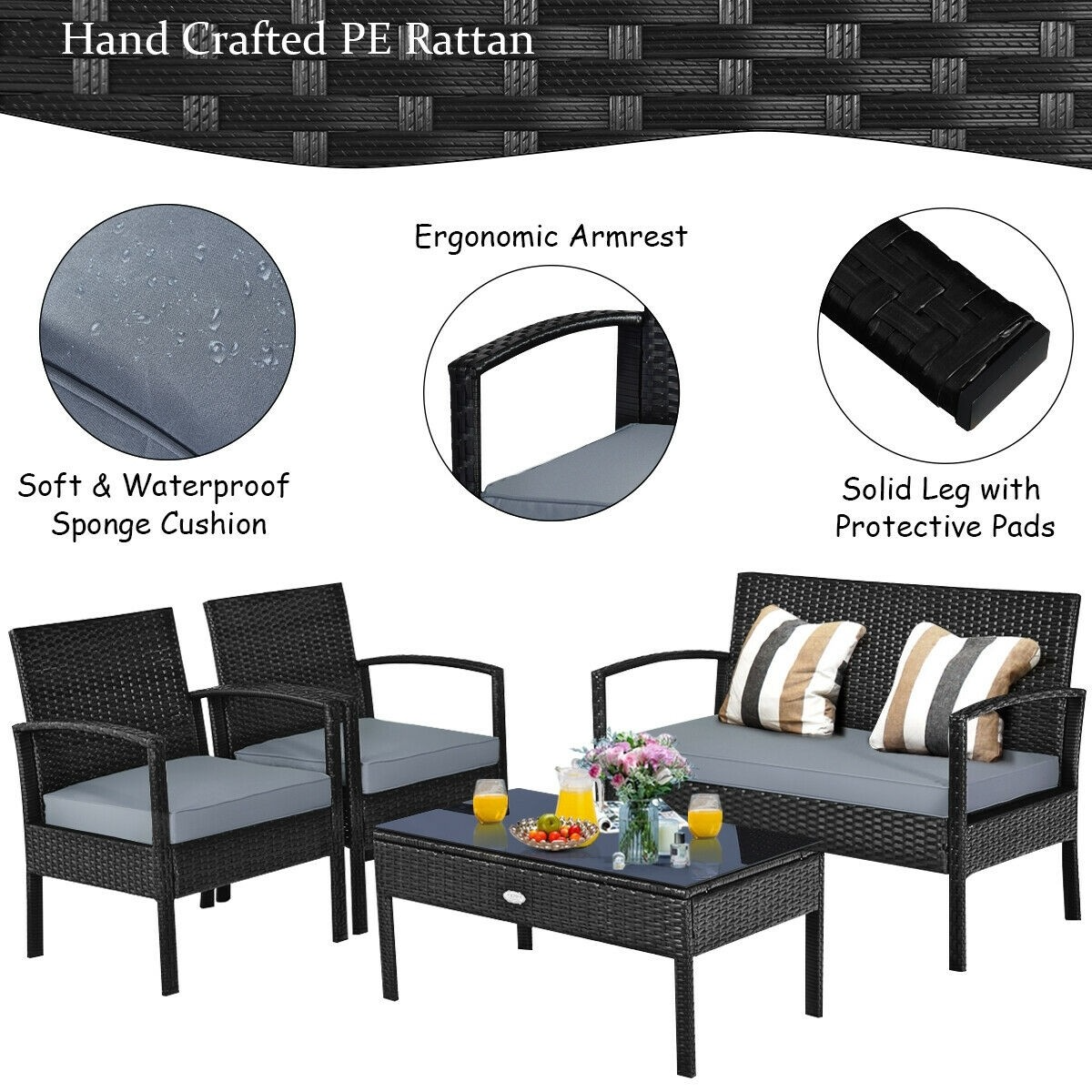 4 Pieces Patio Rattan, Loveseat and Table, In Box Unassembled, Grey Cushions *UNASSEMBLED/IN BOX* - HW63755