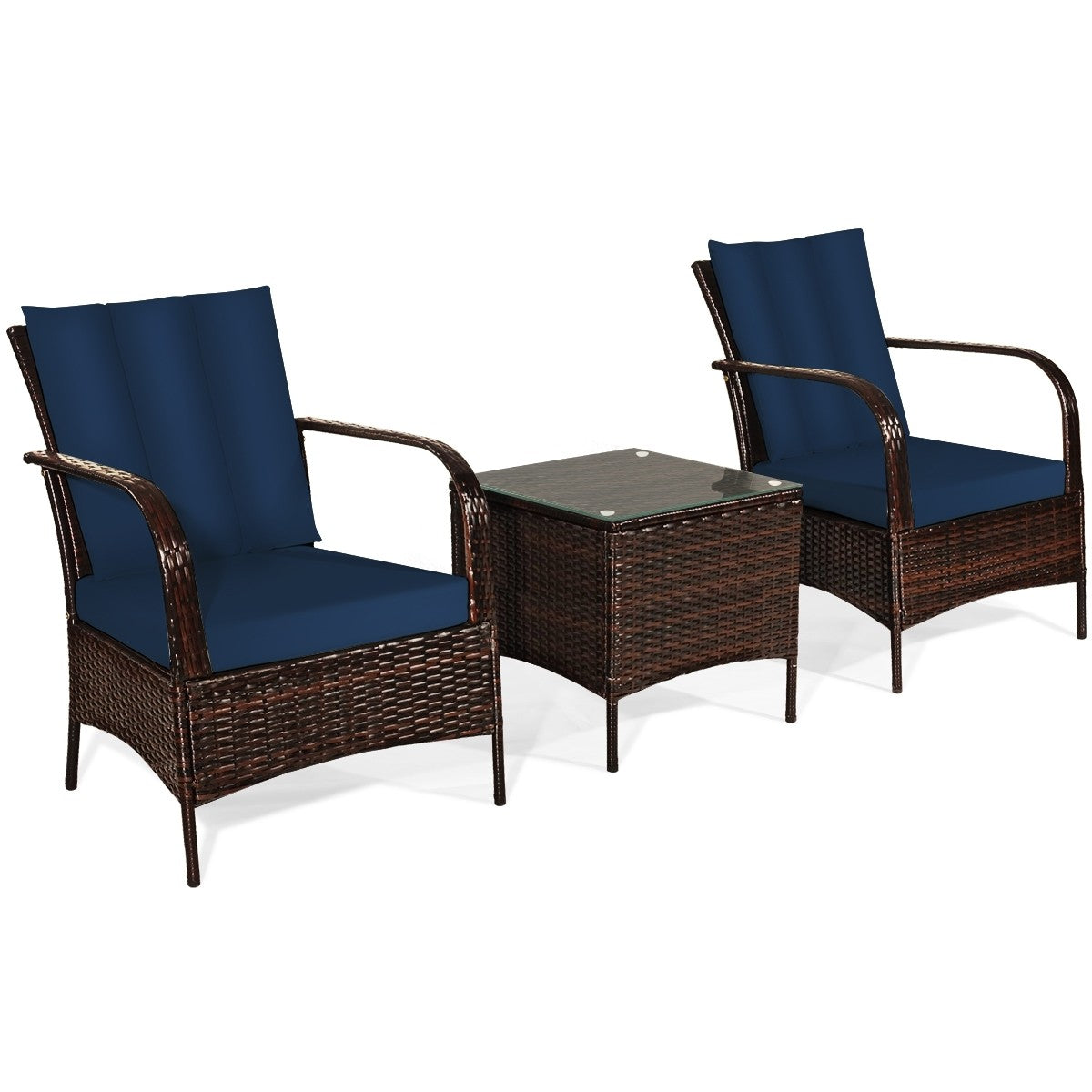 3 Pcs Patio Conversation Rattan Furniture Set with Navy Cushions, Unassembled