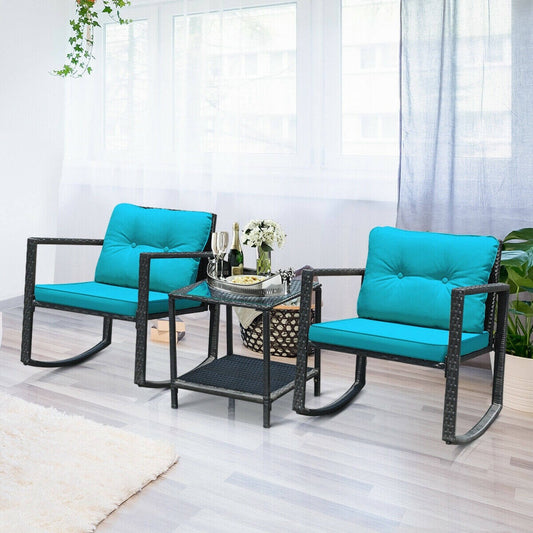 3 Pieces Cushioned Patio Rattan Set with Rocking Chair and Table, In Box Unassembled, Teal