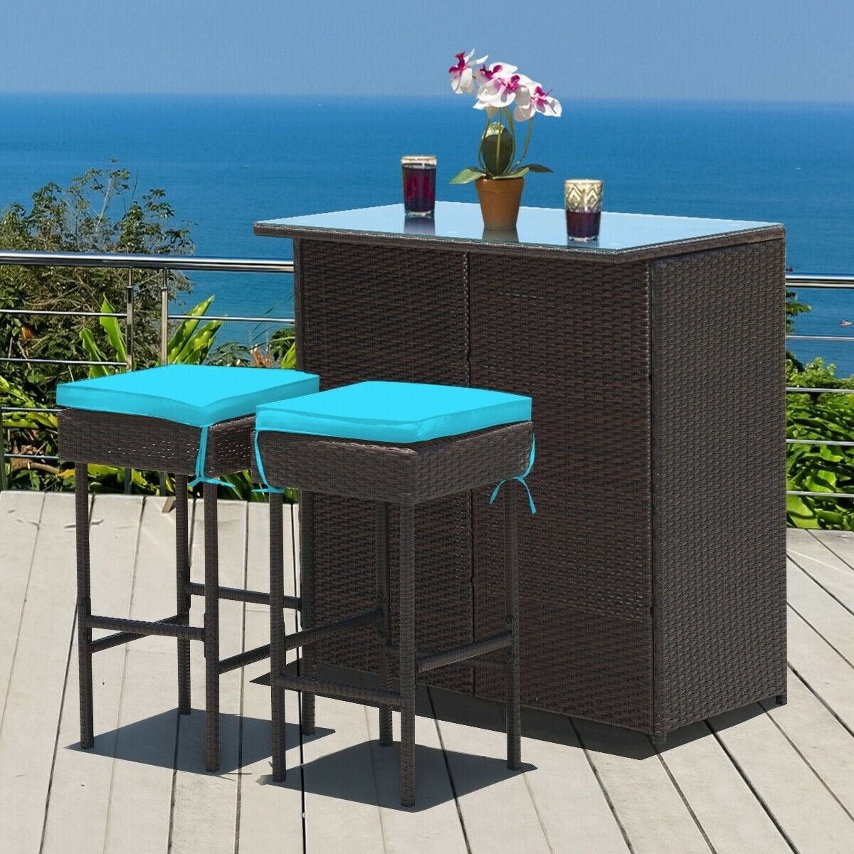 3 Piece Patio Rattan Wicker Bar Table Stools Dining Set *UNASSEMBLED/IN BOX* - HW68745TU