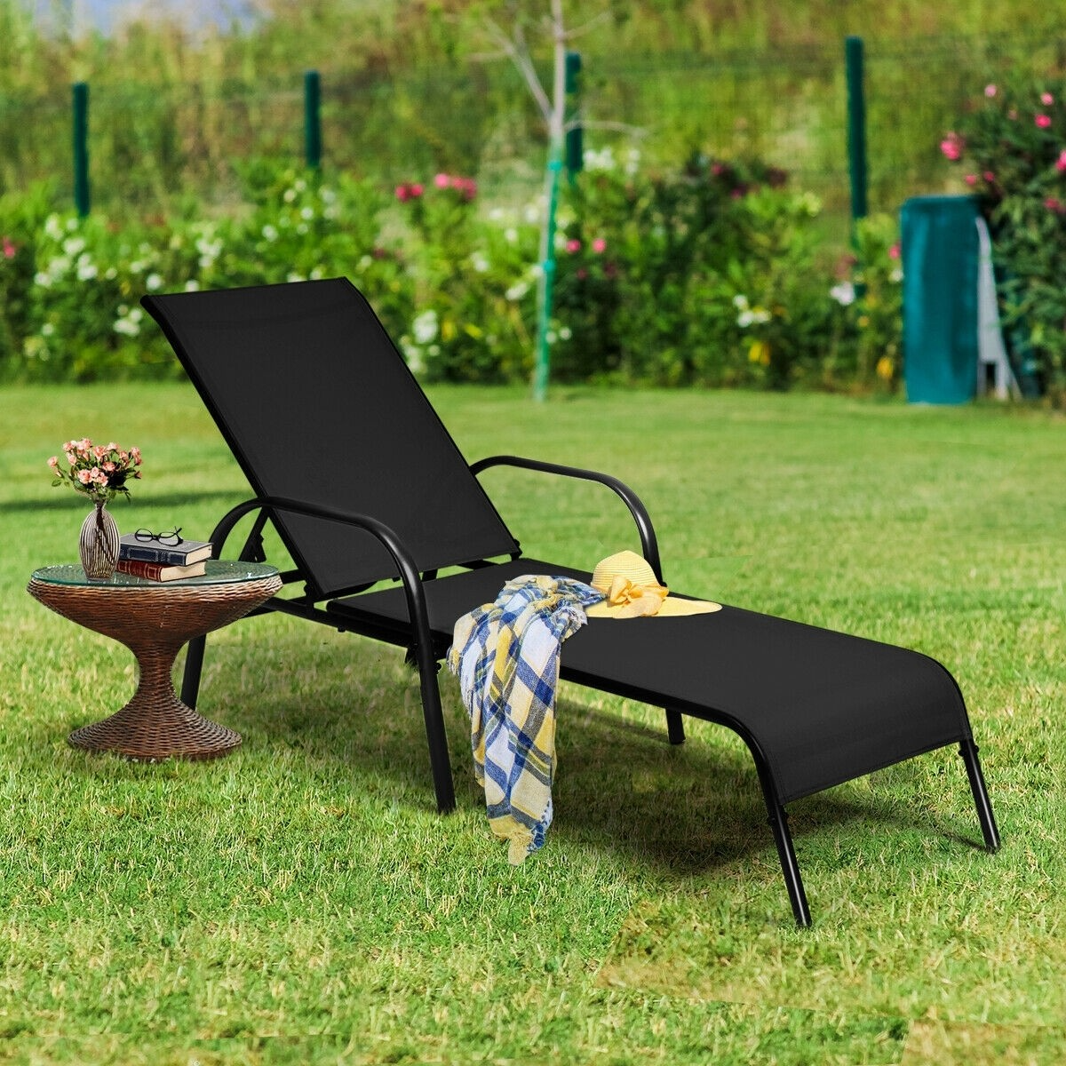 Outdoor Patio Lounge Chair Chaise Fabric with Adjustable Reclining Armrest