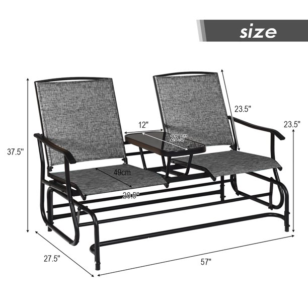 2 Person Outdoor Patio Double Glider Chair Loveseat Rocking w/Center Table Gray, Assembled