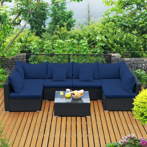 7 Pieces Patio Rattan Sofa Set Sectional Conversation Furniture Set Garden Navy - *UNASSEMBLED/IN BOX*