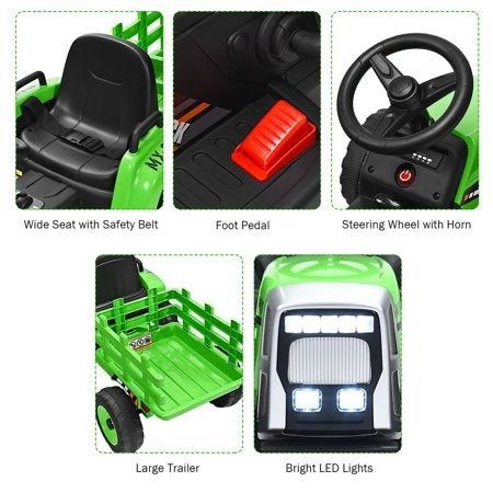 12v 7ah Kids Battery Powered Electric Tractor With Trailer *FULLY ASSEMBLED* - TY327774US-GN