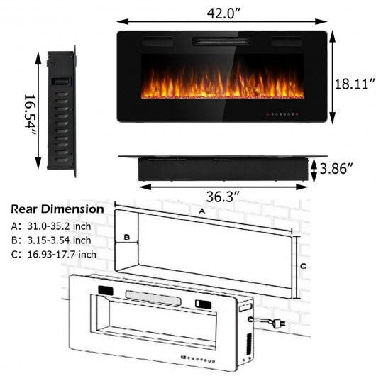 42'' Electric Fireplace Recessed Ultra Thin Wall Mounted Heater Multicolor Flame