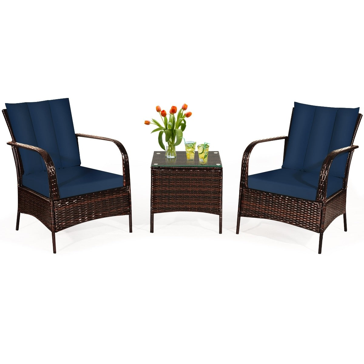 3 Pcs Patio Conversation Rattan Furniture Set with Navy Cushions, Unassembled