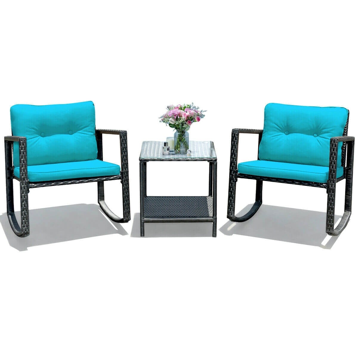 3 Pieces Cushioned Patio Rattan Set with Rocking Chair and Table, In Box Unassembled, Teal