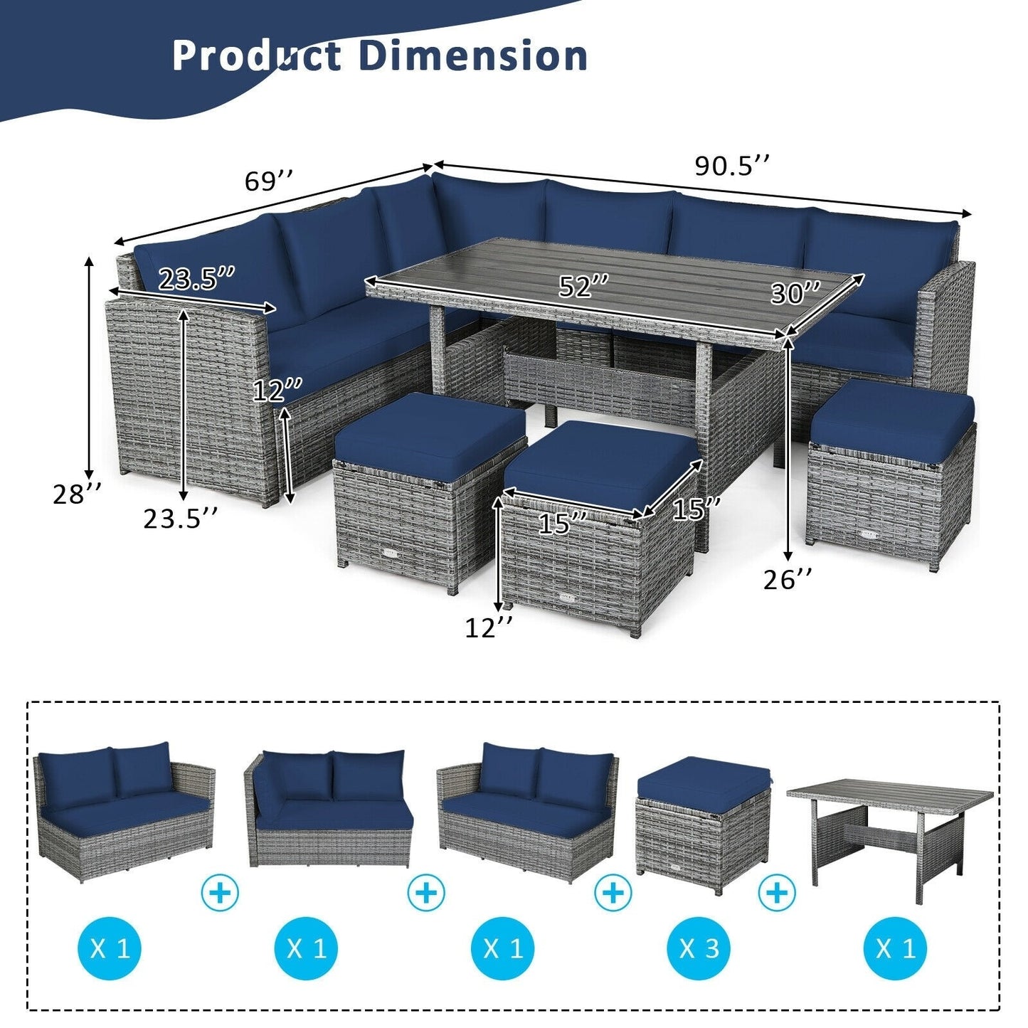 PatioJoy 7 PCS Patio Rattan Dining Set Sectional *UNASSEMBLED/IN BOXES(4)* - HW67190BNY