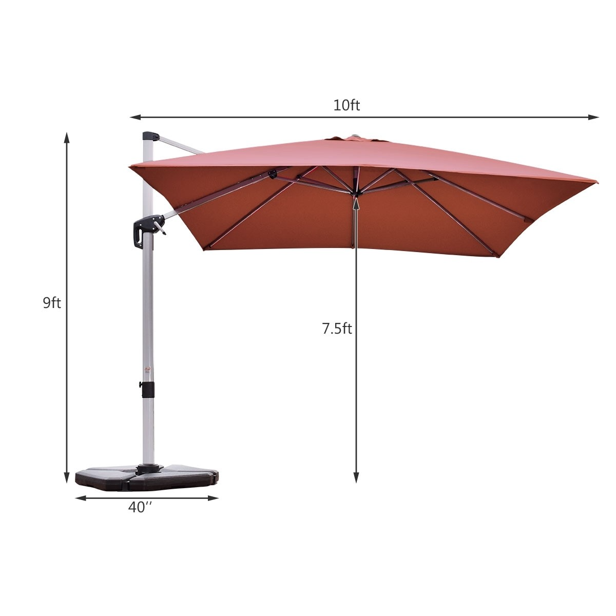 10 Feet 360° Tilt Aluminum Square Patio Umbrella without Weight Base