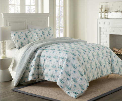 HomeSuite Micro Flannel Reverse Dyed to Match Sherpa Comforter 3-Piece Set - FULL/QUEEN - WINTER PINE