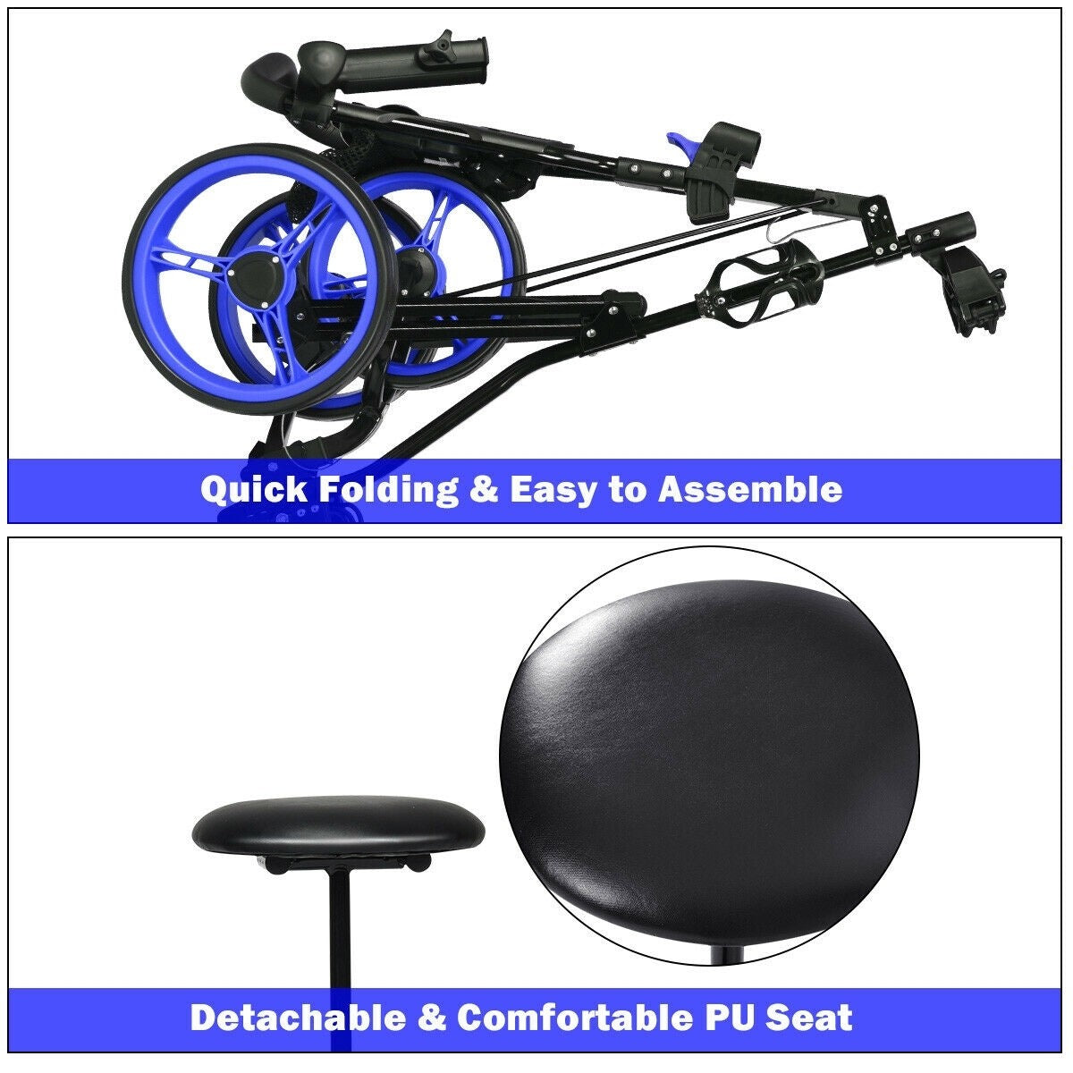 Foldable 3 Wheels Push Pull Golf Trolley with Scoreboard Bag, In box unassembled