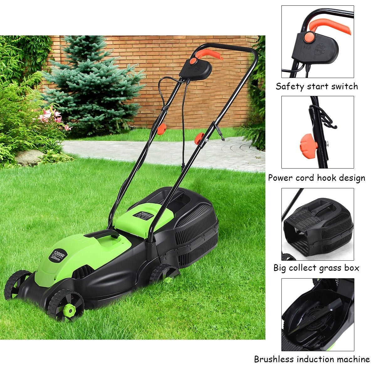 14 Inch Electric Push Lawn Corded Mower with Grass Bag