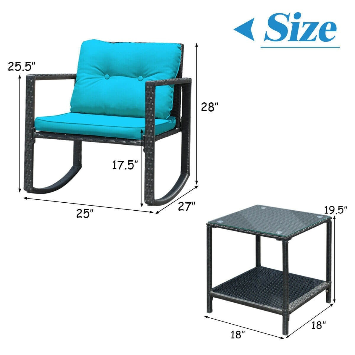 3 Pieces Cushioned Patio Rattan Set with Rocking Chair and Table, In Box Unassembled, Teal