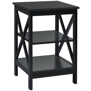 3-Tier Nightstand End Table with X Design Storage, assembled, Black