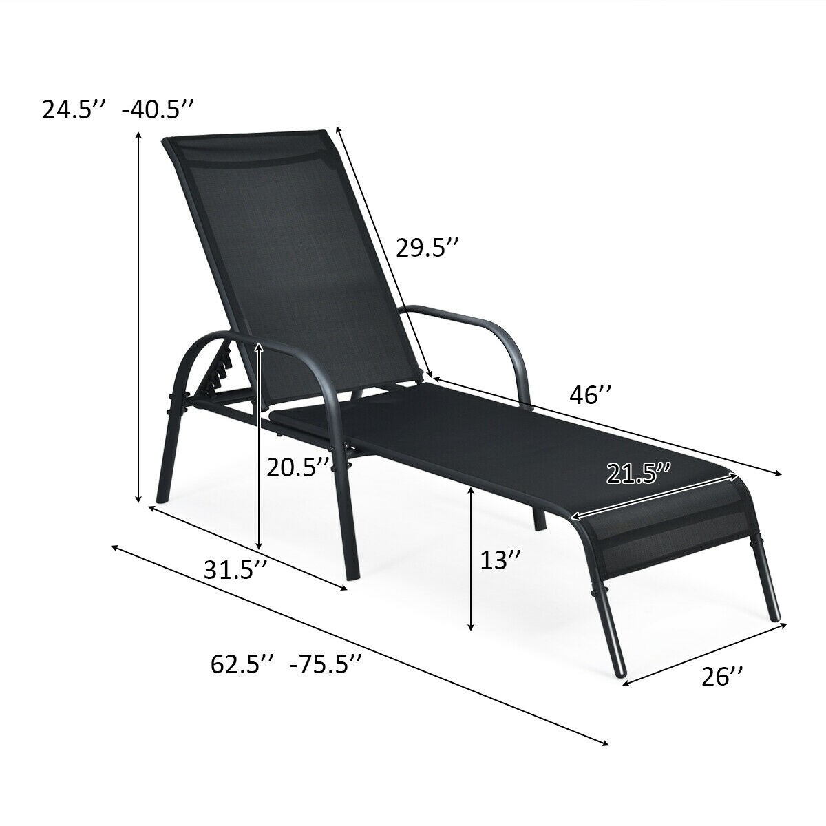 Outdoor Patio Lounge Chair Chaise Fabric with Adjustable Reclining Armrest