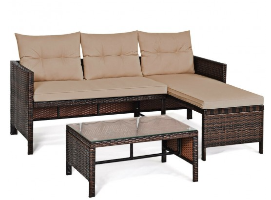 3 Piece Outdoor Patio Corner Rattan Sofa Set