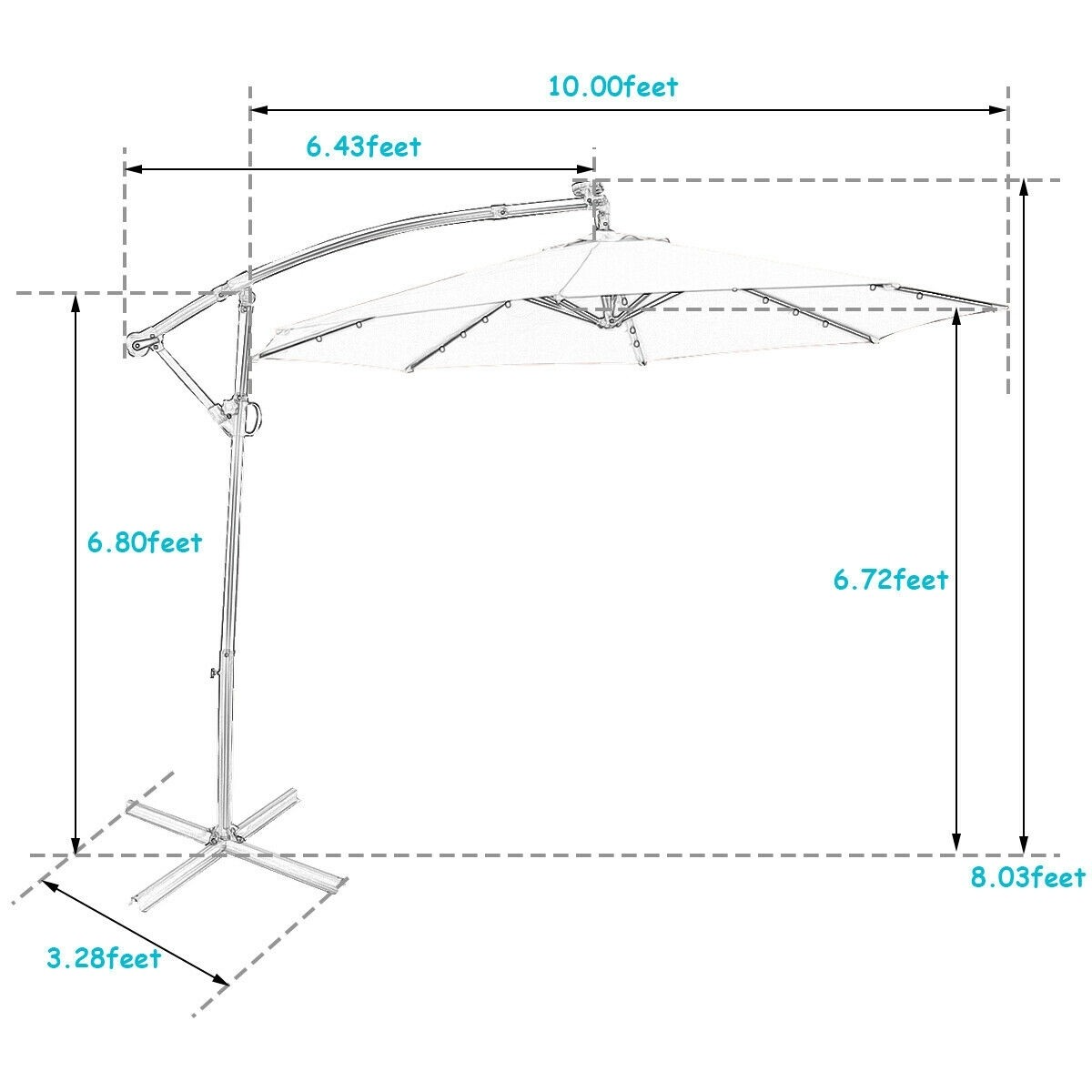 Cantilever Umbrella with solar lights, aqua blue, weight base not included