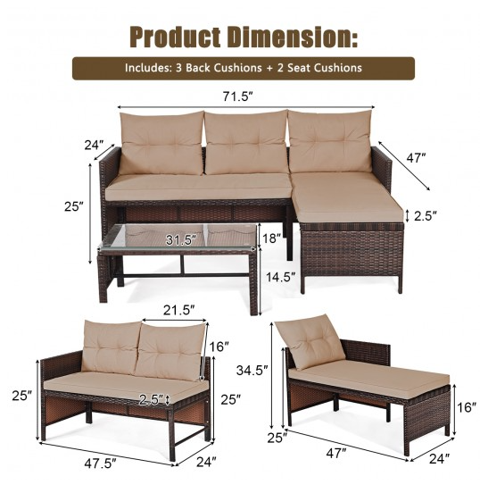 3 Piece Outdoor Patio Corner Rattan Sofa Set