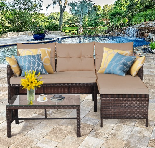 3 Piece Outdoor Patio Corner Rattan Sofa Set