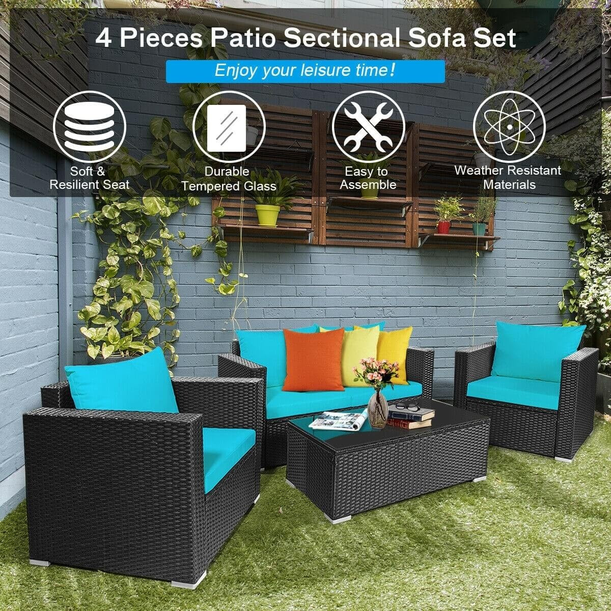 4 Pieces Patio Rattan Cushioned Furniture Set. 2 Boxes unassembled